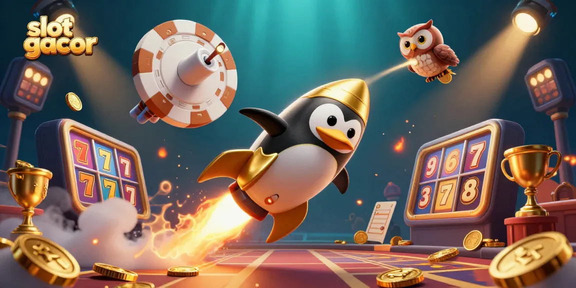 Permainan slot gacor yang menarik dengan penguin emas terbang dan koin berkilau.