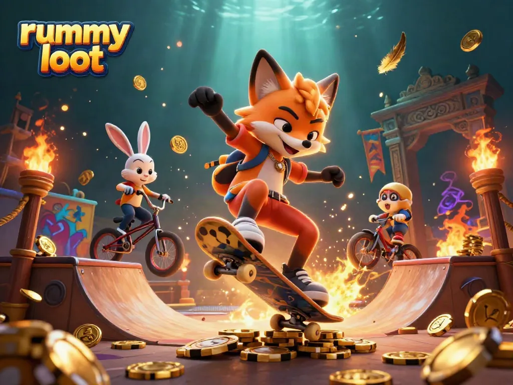 Experience thrilling online gameplay with rummy loot in a vibrant 3D casino world, showcasing fun characters and dynamic elements.