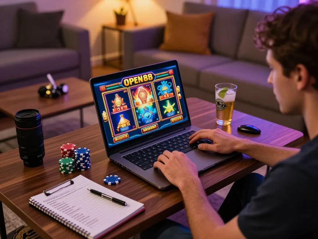 Play thrilling open 88 slot game on a laptop in a cozy home setting