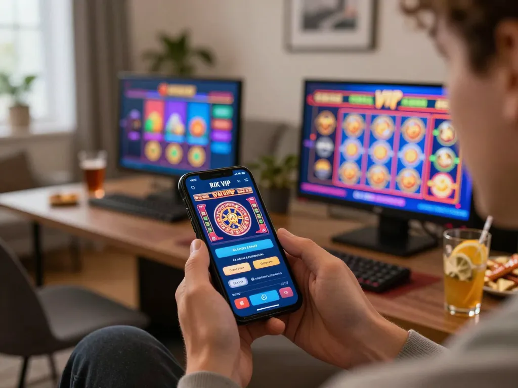 Engaging with the RIK VIP app on a smartphone in a cozy home gaming environment