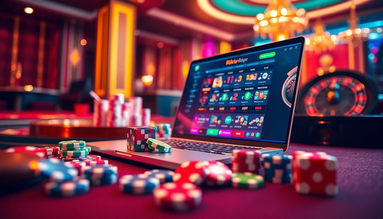 Rikvip online gambling interface surrounded by vibrant casino elements including poker chips and dice.