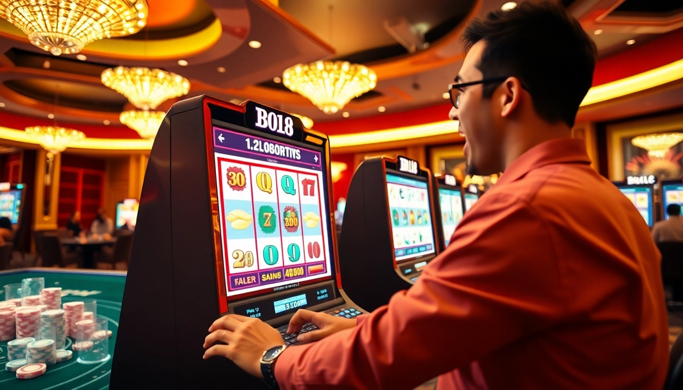 Experience the thrill of BRO138 slot in this lively casino setting with vibrant visuals and exciting gaming elements.