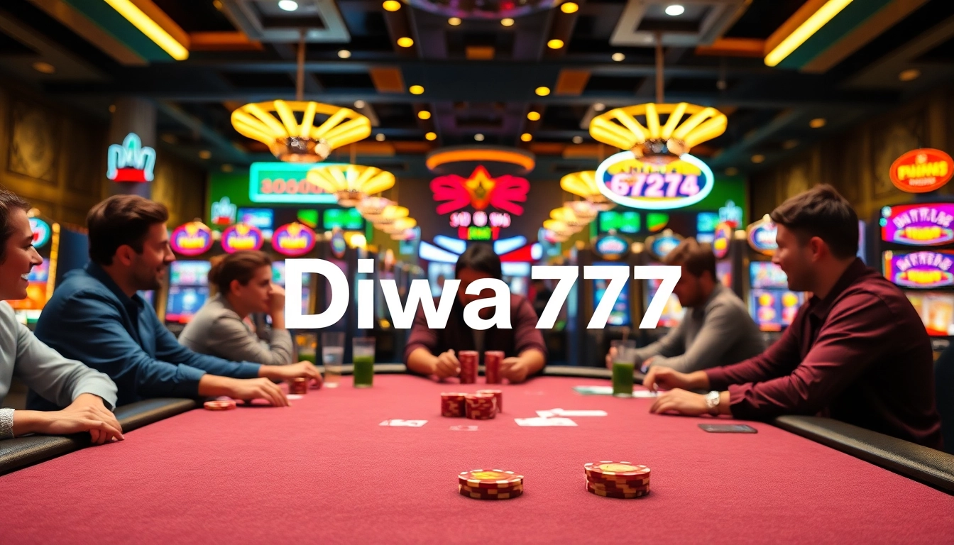 Engaging casino scene featuring players at a poker table, highlighting Diwa777 logo and lively atmosphere.