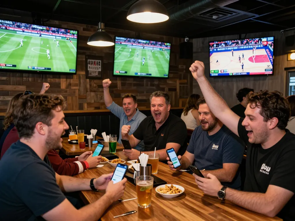 Fans engaging with the Nowgoal app while cheering in a sports bar during live events.
