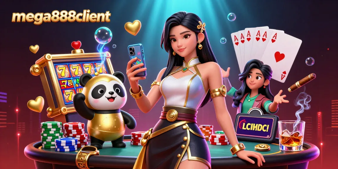 Mega888client showcases a vibrant scene with a stylish Asian woman gaming, enhancing the online casino experience.