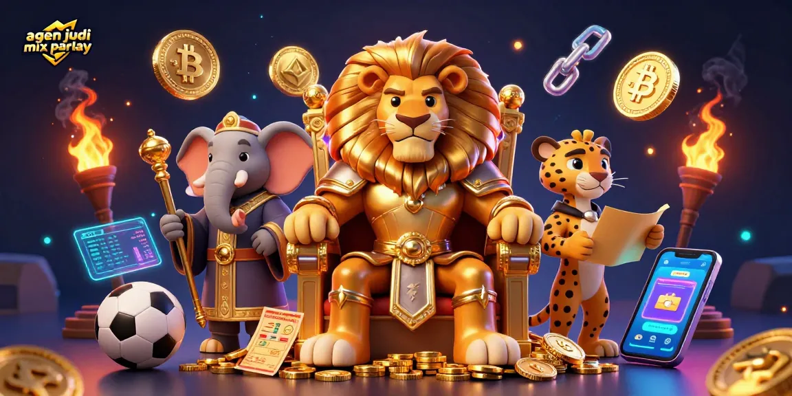 Agen judi mix parlay illustration showing a lion king with treasure, sports betting elements, and glowing coins.