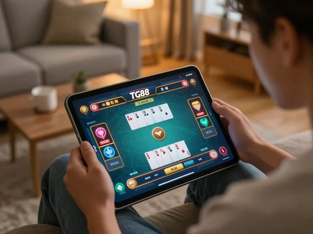 Tg88 game displayed on a tablet in a cozy living room setting, illustrating online gaming experience.