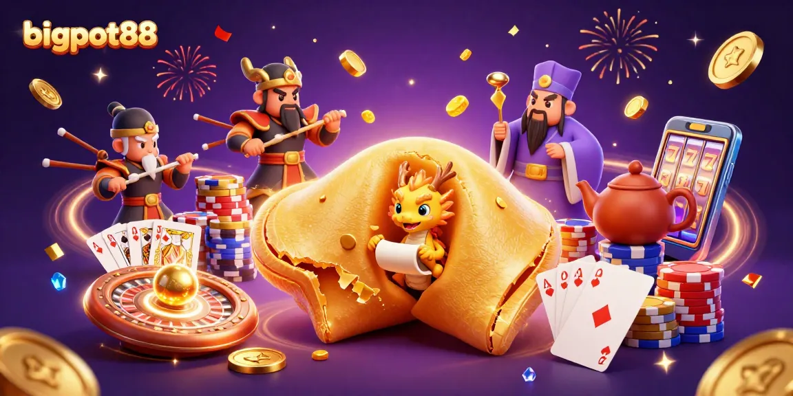 Spin to win bigpot88 with a thrilling fortune cookie scene featuring gold dragons and casino elements.