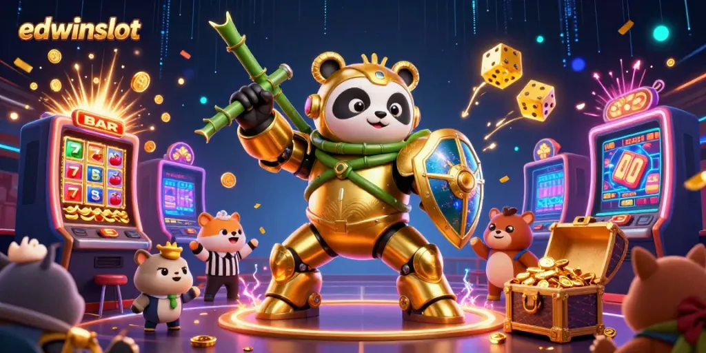Engage with edwinslot in a vibrant 3D scene of pandas, slot machines, and dynamic casino elements.
