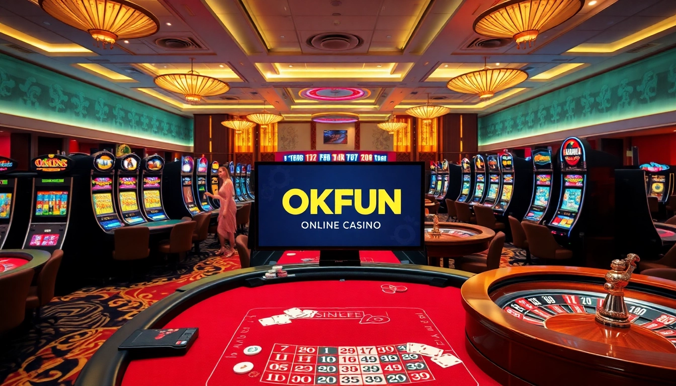 Experience the excitement of OKFUN at a luxurious casino, filled with vibrant gaming tables and friendly dealers.
