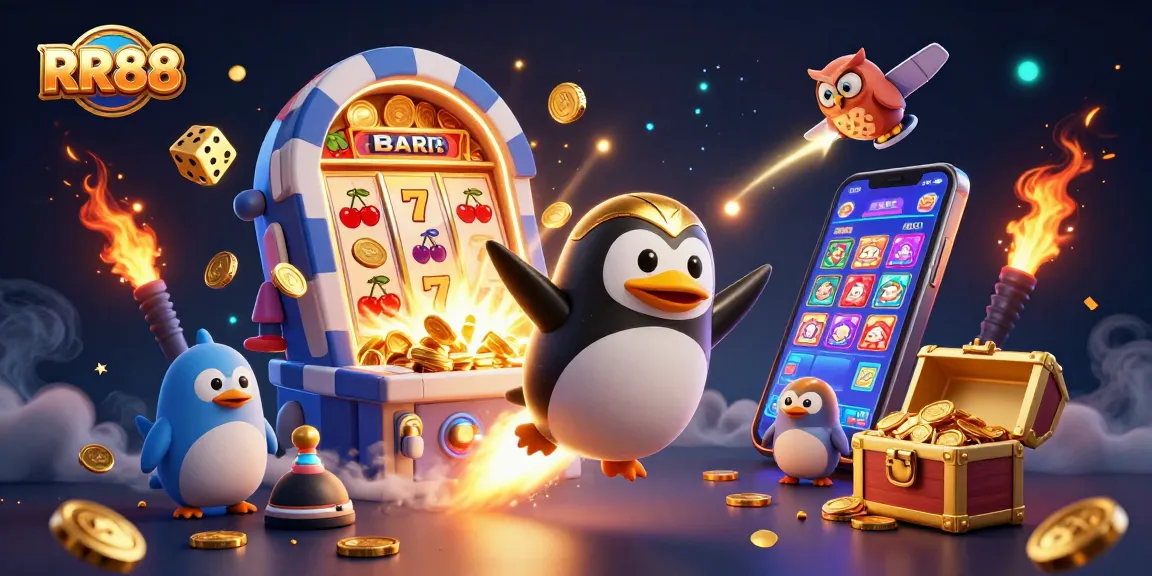 Spin jackpots at RR88 with a golden penguin in a vibrant casino-themed cosmic scene.