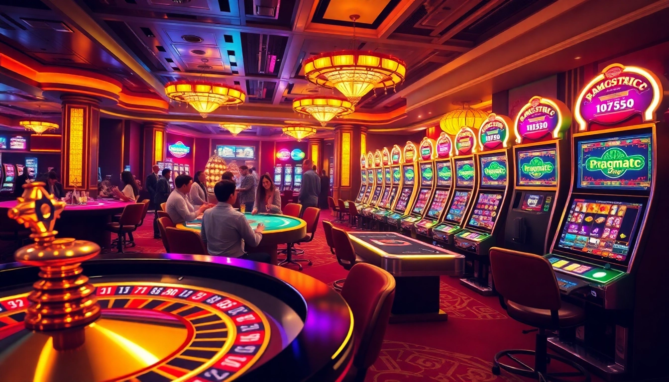 Excited players engaged in Pragmatic Play slot games in a luxurious casino.
