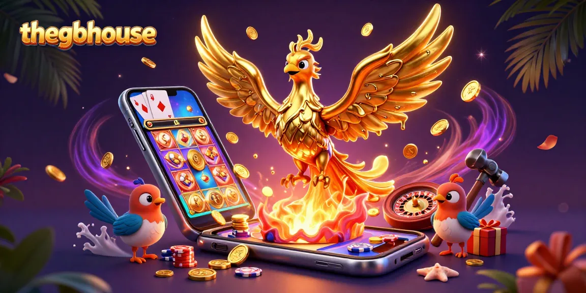 Thegbhouse features a molten metal phoenix amidst glowing casino games and vibrant elements for thrilling online gambling.