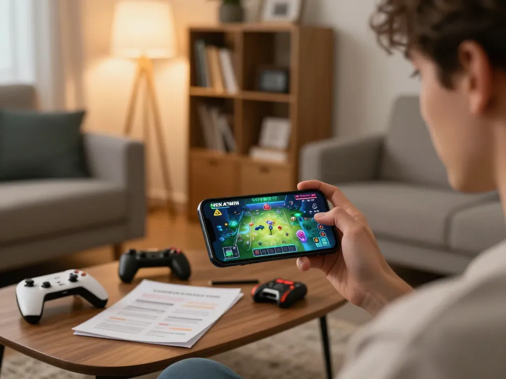 Experience NEKATWIN mobile gaming while engaging with exciting game features in a cozy home setting.