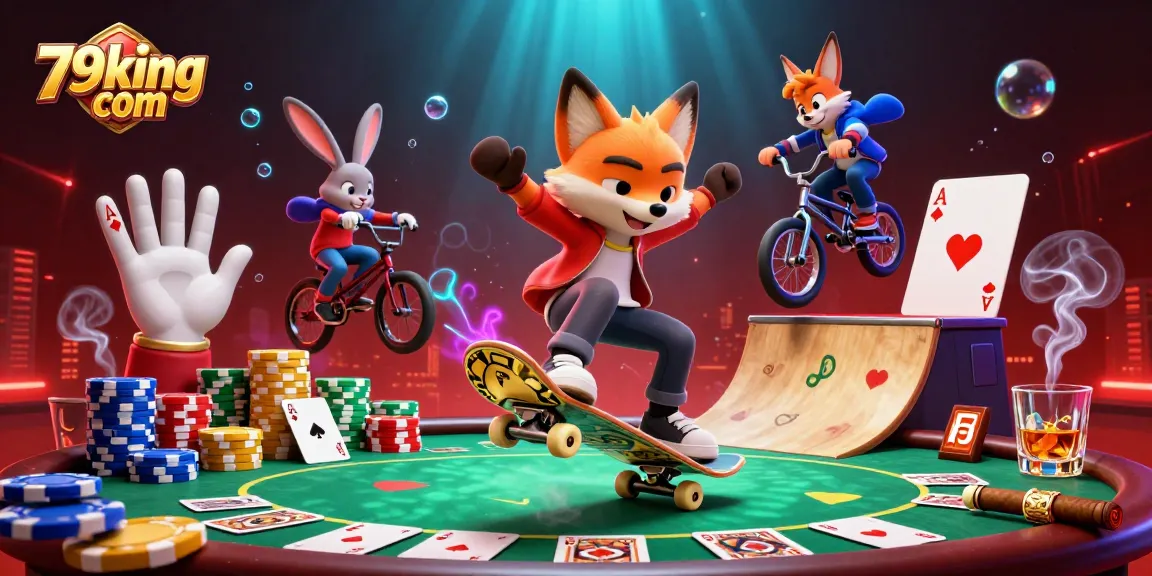 Experience the excitement at 79king com with vibrant 3D casino action featuring poker chips and lively characters.