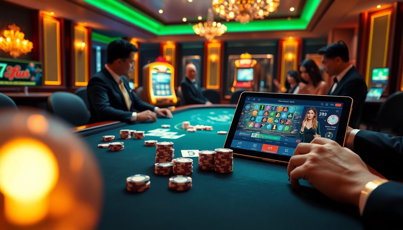Experience the excitement of rr88 with gamblers at a vibrant poker table and glowing slot machines.