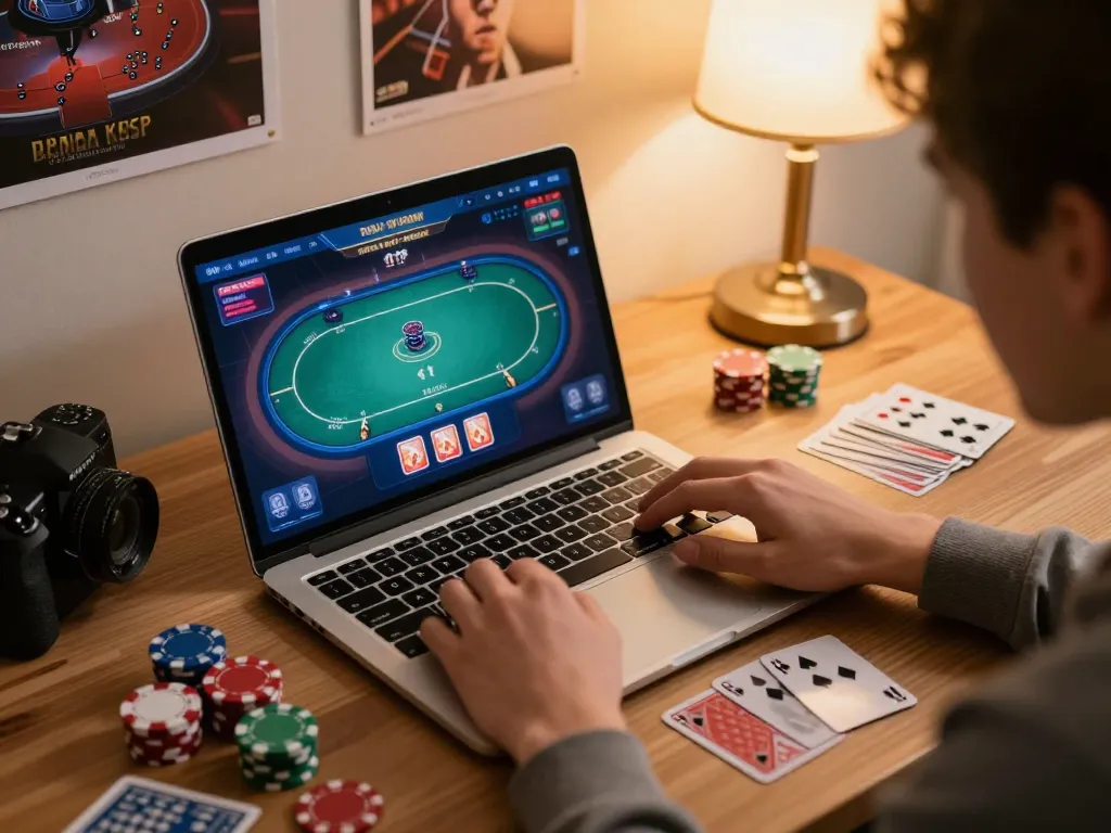 Engaging in win4u login on laptop with engaging poker game interface in a cozy home atmosphere.