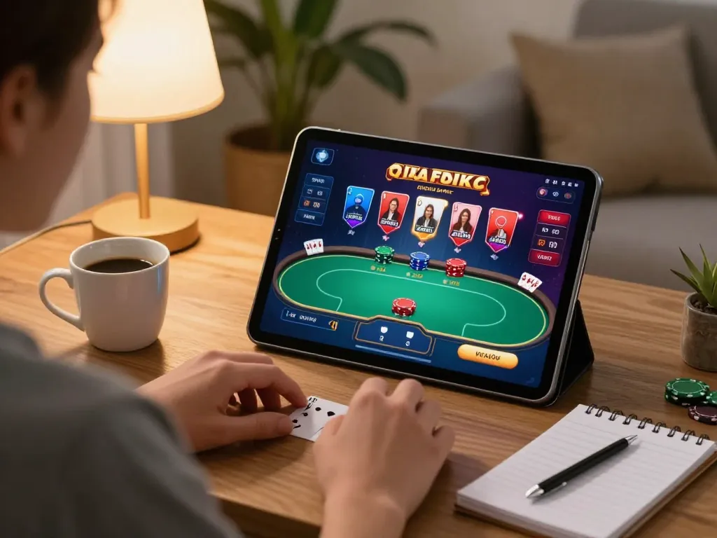 Player enjoying poker on ho88 tablet in a cozy home setting while taking strategic notes.