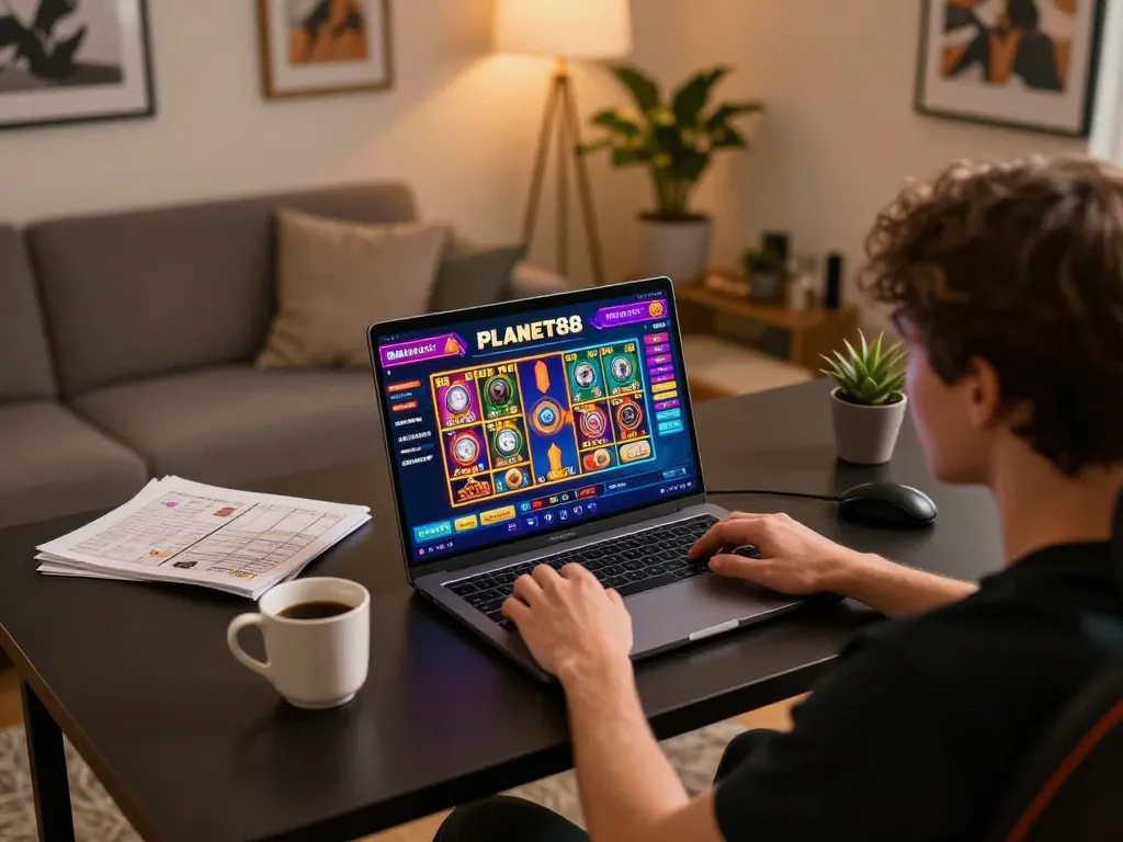 Engaging with the PLANET88 online casino platform on a sleek gaming laptop at home