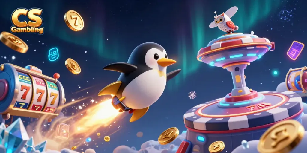Experience CS Gambling as a golden penguin launches towards a casino-themed space station.