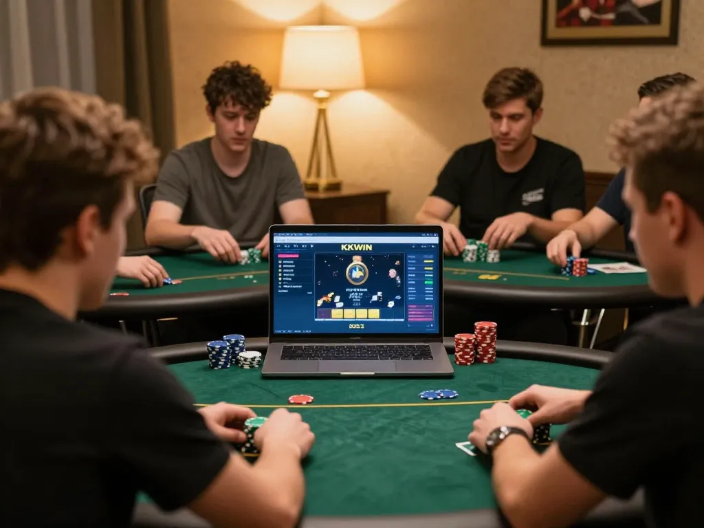KKWIN players strategizing during an online poker session, showcasing excitement and engagement