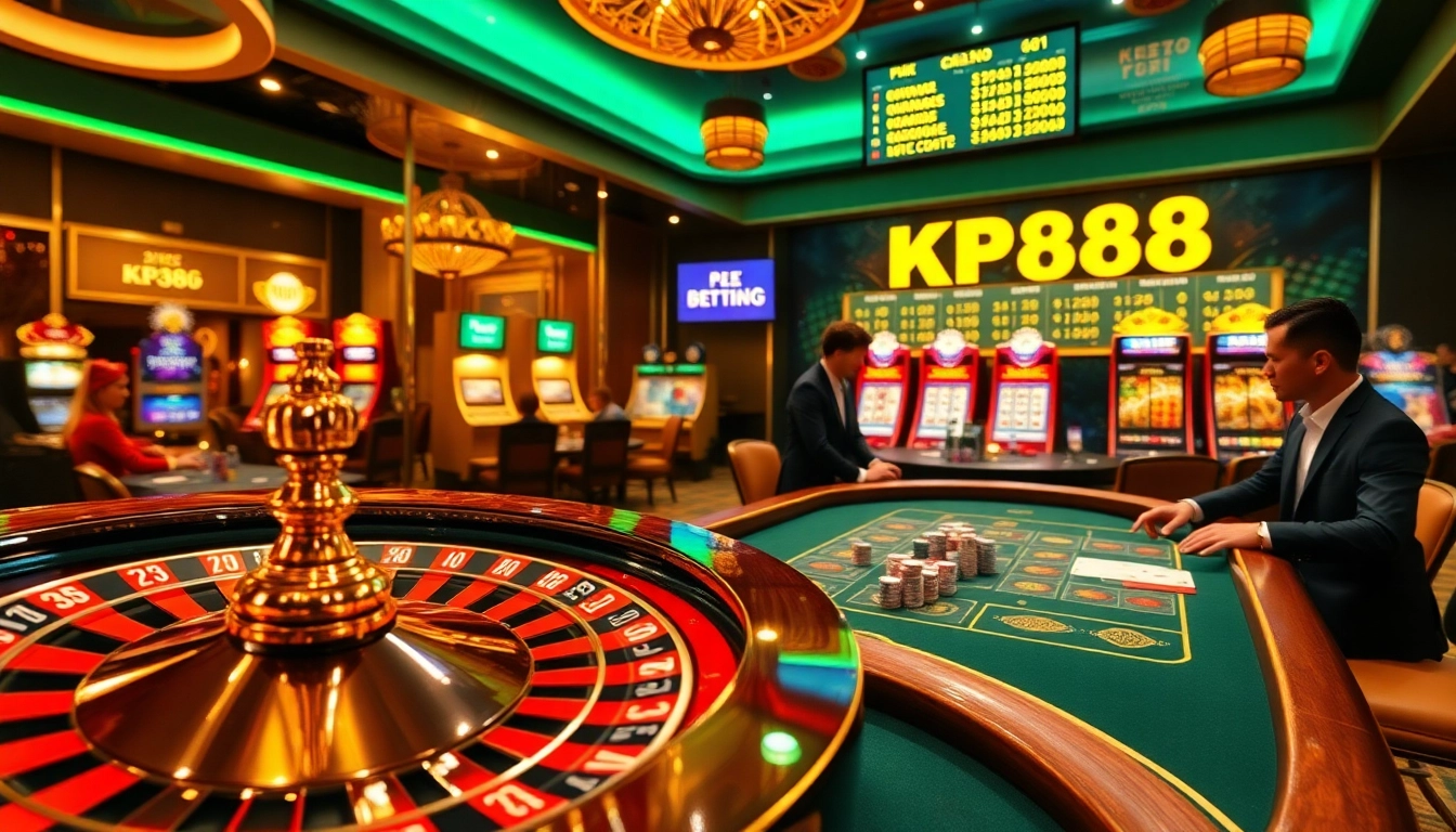 Exciting gambling action at KP88 casino with poker table and roulette wheel.