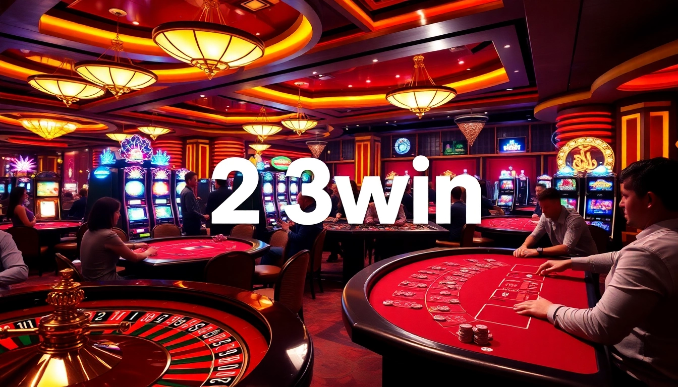 Intense gameplay at 23win casino featuring roulette and poker tables in a vibrant setting.