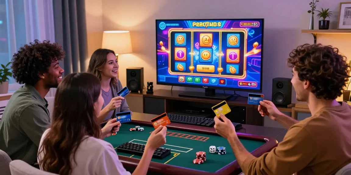 Group enjoying a lively gaming session at credit card casinos with colorful displays and excitement.