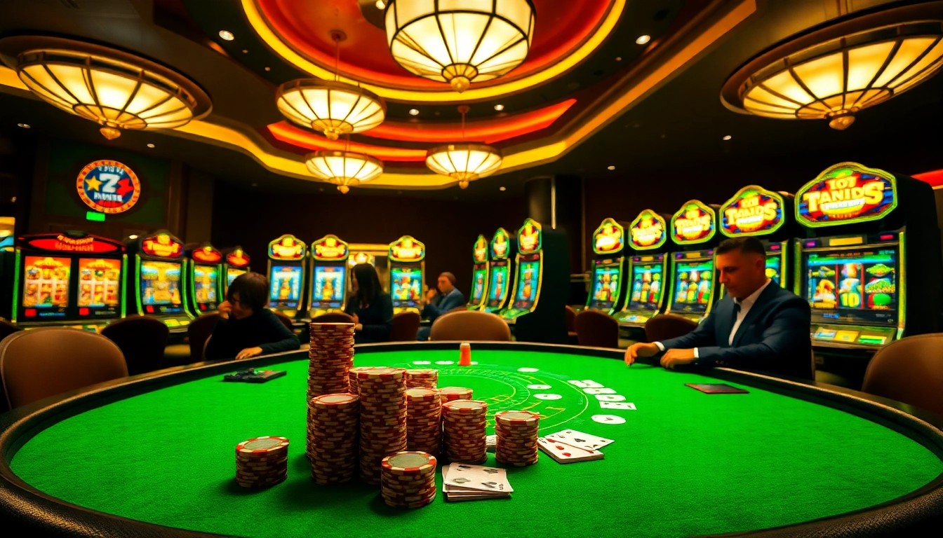 Engaging casino scene at https://lv88.ltd/ with vibrant gaming table, poker chips, and tense atmosphere.