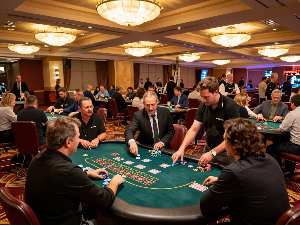 Players enjoying high-stakes games at VK88 casino, chips stacked, vibrant atmosphere.