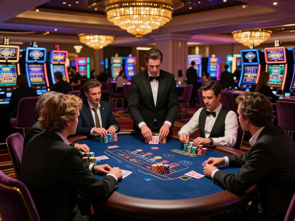 Fabet blackjack action at upscale casino, vibrant chips and focused players engaged in strategic gameplay.