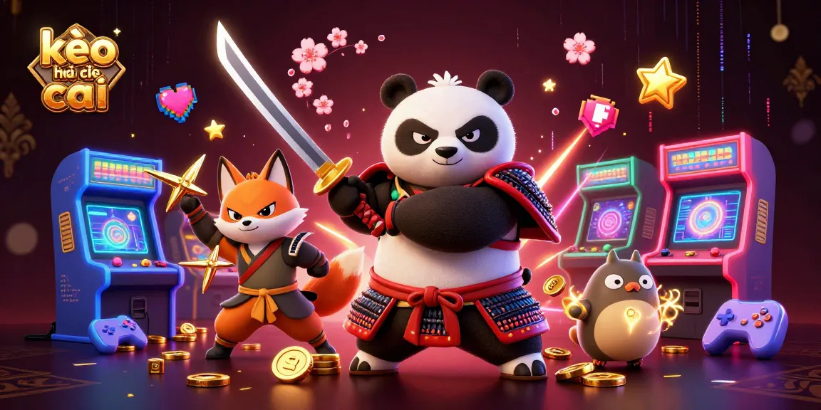 Experience kèo nhà cái with a dynamic samurai panda and ninja fox in a 3D gaming world.