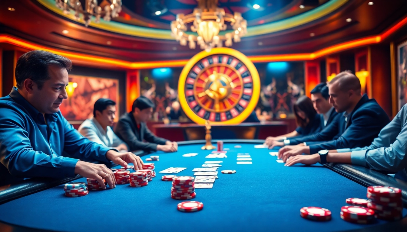 Engaging players at a vibrant casino table representing rikvip đăng nhập with poker chips and cards.