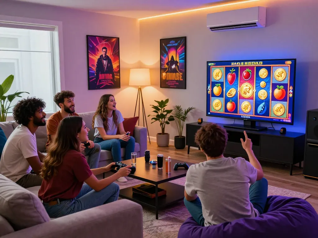 Suasana permainan slot gacor yang menarik dengan teman-teman menikmati permainan slot online berwarna-warni dalam suasana yang nyaman.