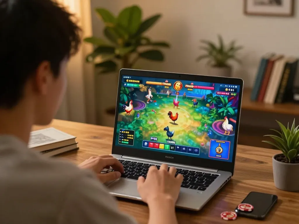 Cảnh nhà hấp dẫn của một người chơi tận hưởng đá gà thomo HD, nhấn mạnh lối chơi chiến lược.