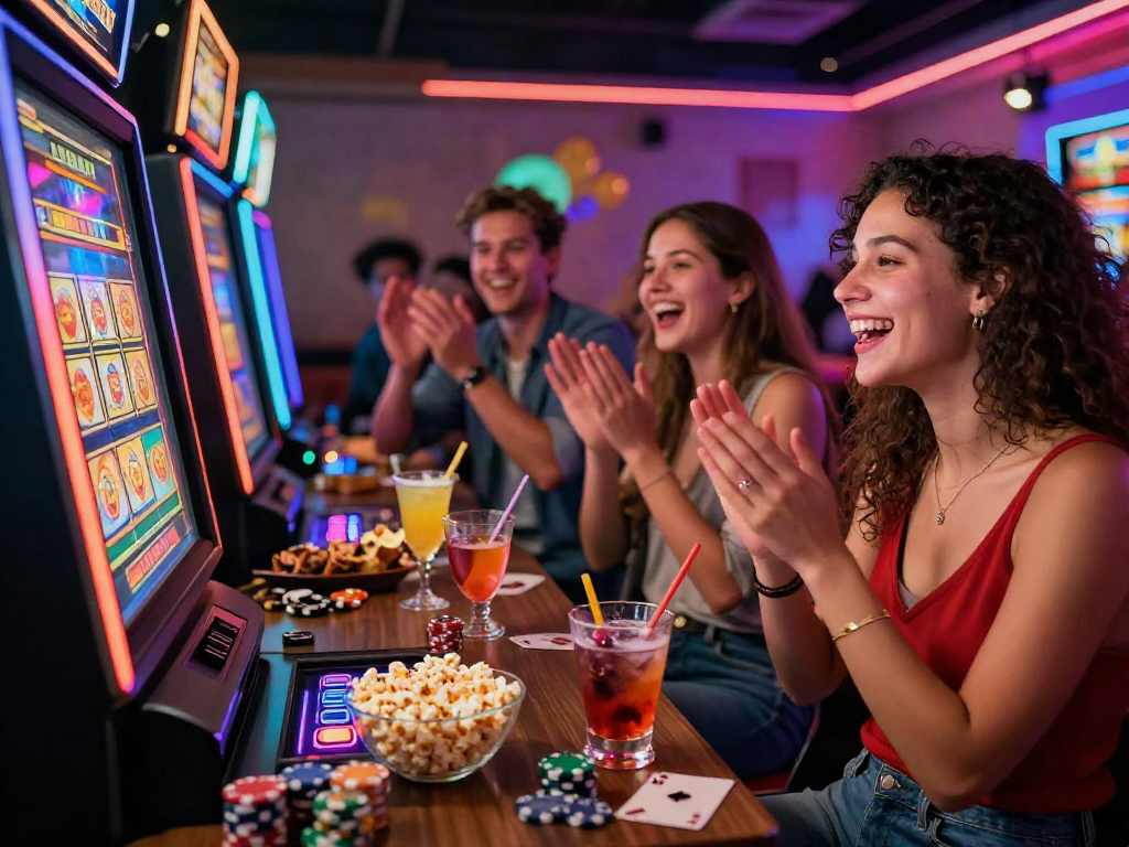 Group celebrating a win at a lively slot machine game night, showcasing excitement and camaraderie.