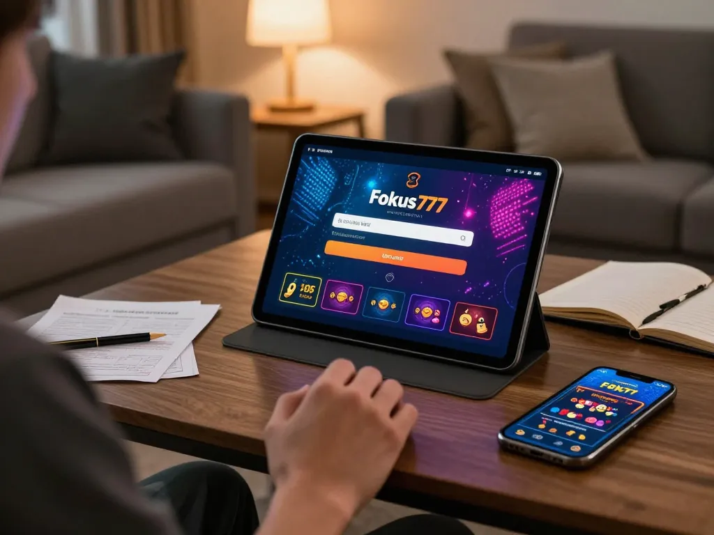 Engaging in online gambling with Fokus777 login on tablet amidst a cozy home setting, emphasizing responsible gaming.