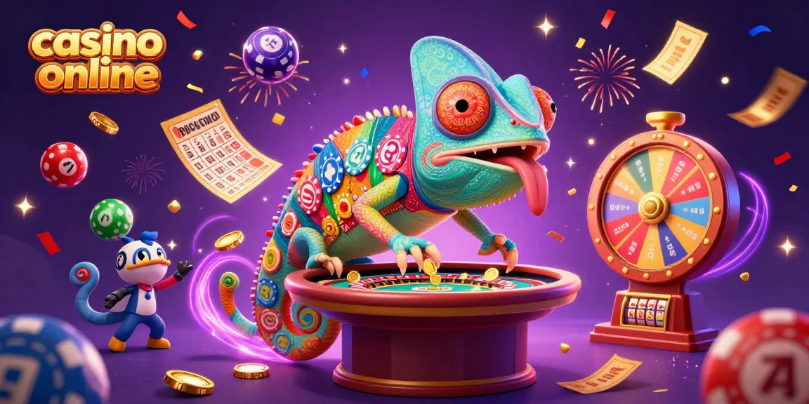 Engage with casino online featuring a vibrant chameleon character amidst dynamic lottery and bingo elements.