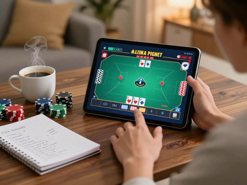 Engaging in online poker gameplay on a tablet at home, showcasing F168 gaming strategies