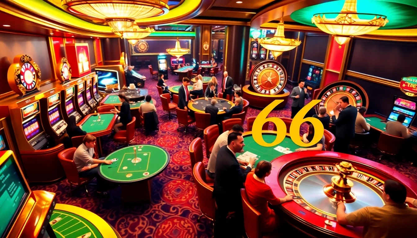 SODO66 casino scene featuring players at vibrant slot machines and poker tables.