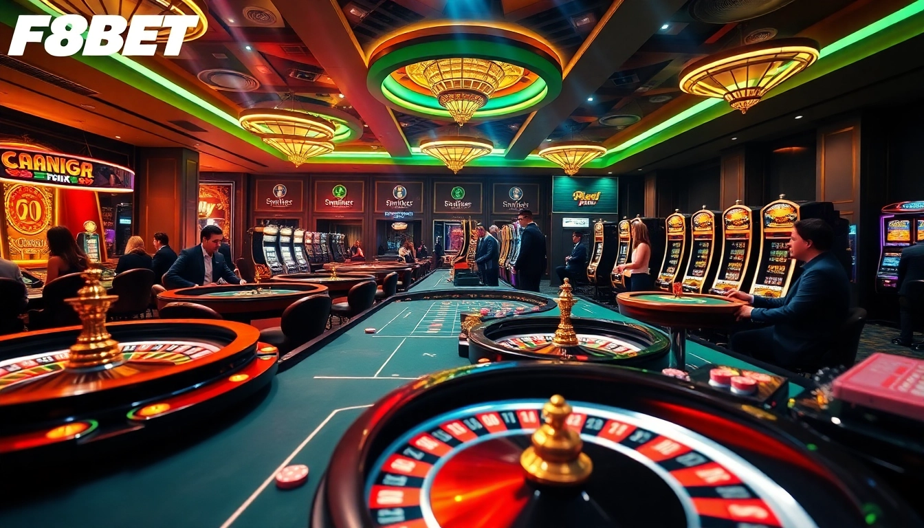 F8BET players enjoying thrilling roulette and poker games in a luxurious casino atmosphere.