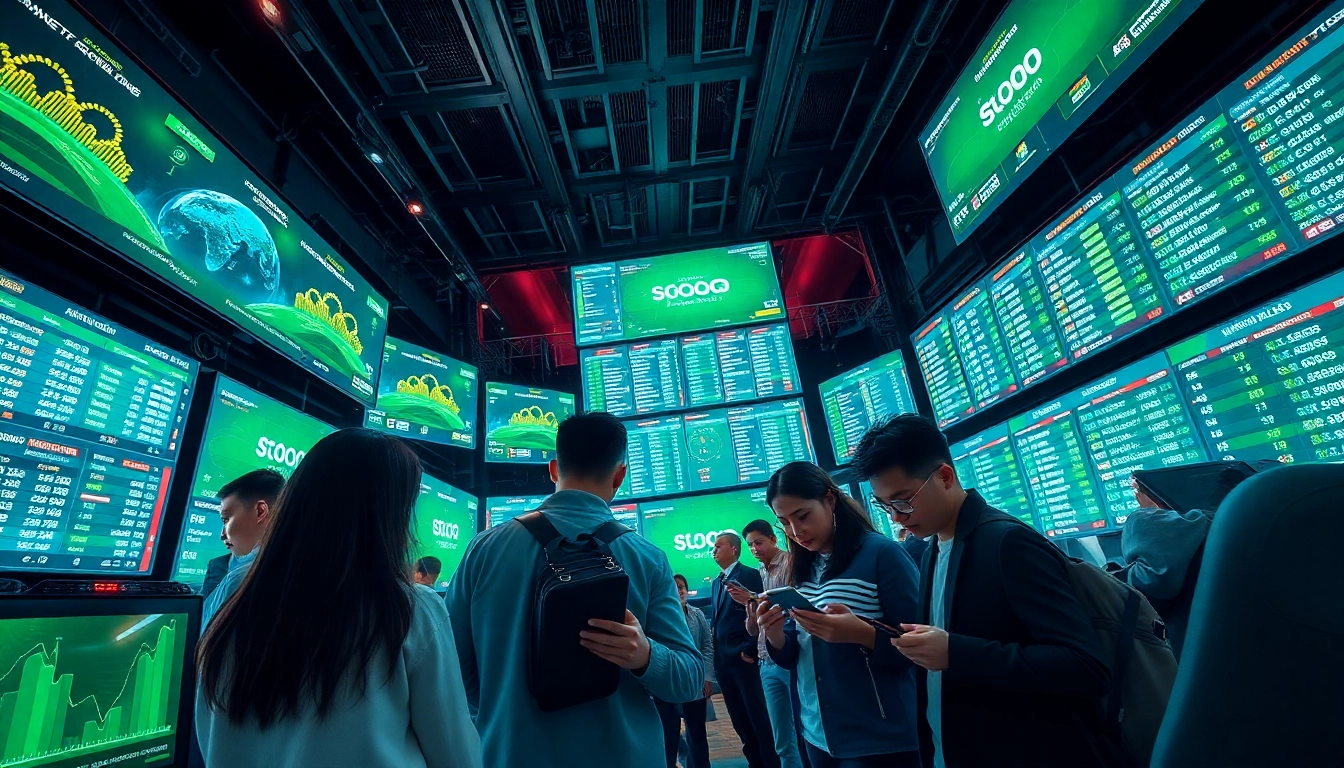 Tỷ lệ kèo nhà cái displayed on high-tech betting screens with diverse users engaged