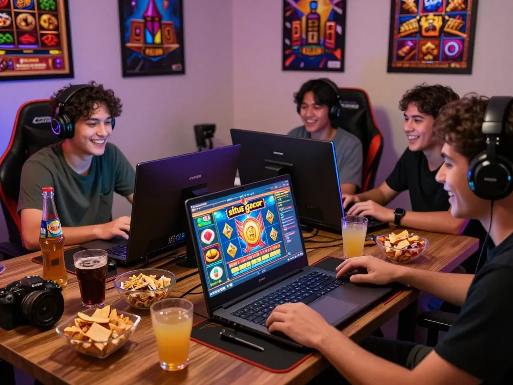 Suasana gaming online yang menarik dengan pemain yang menikmati permainan slot situs gacor, menunjukkan semangat dan interaksi sosial.