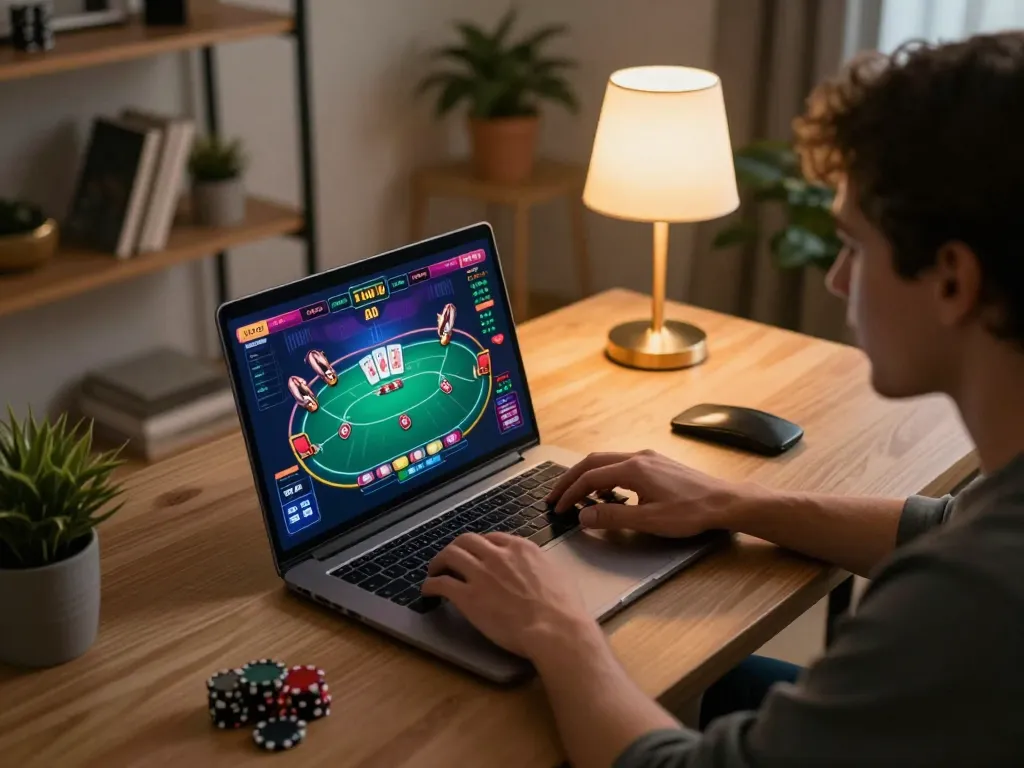 Engaging in slot online gacor gameplay on a laptop in a cozy home setup, showcasing excitement and strategy.