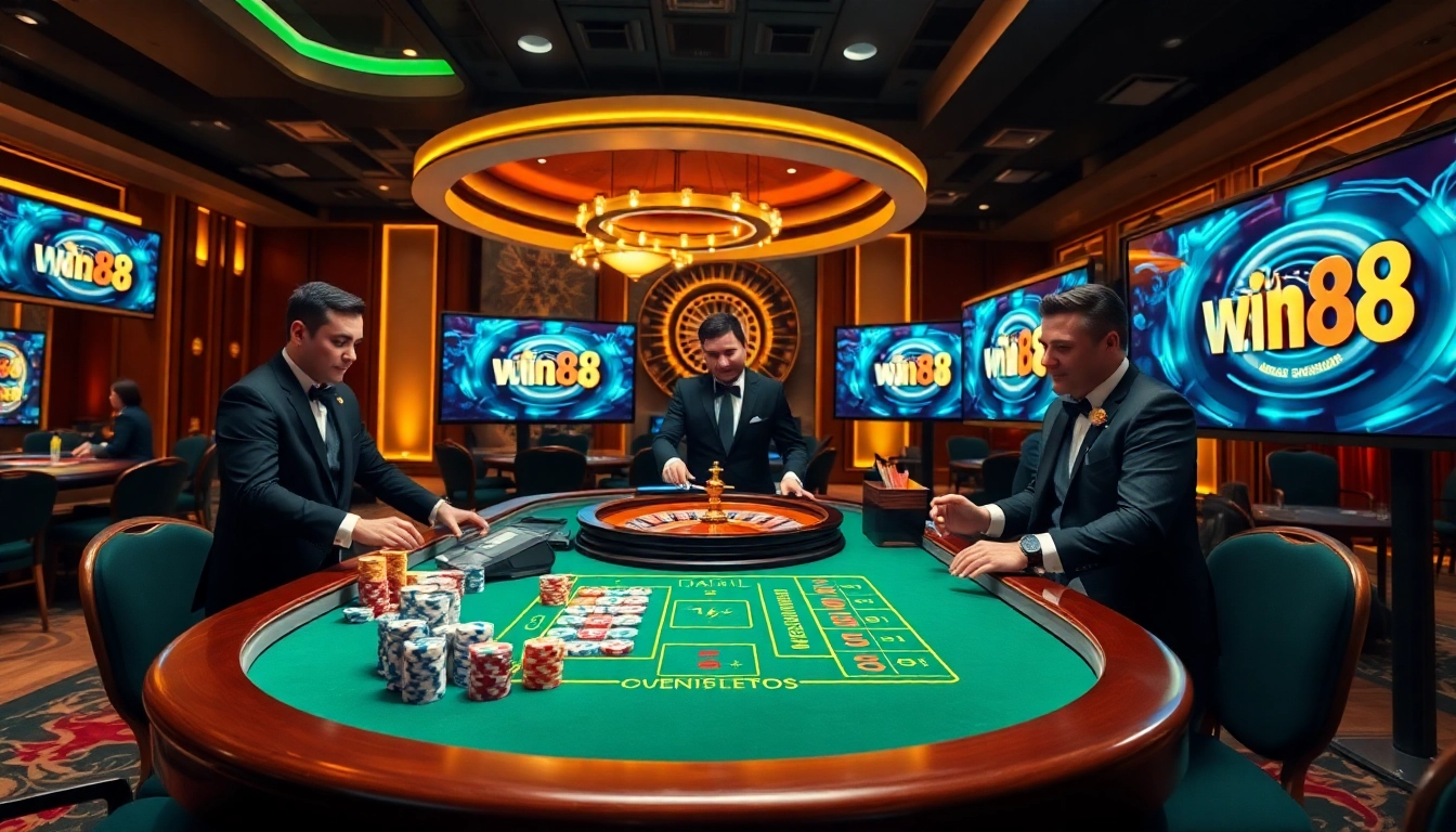 Win88 luxury gaming table with chips and cards, evoking excitement and professionalism in gambling.