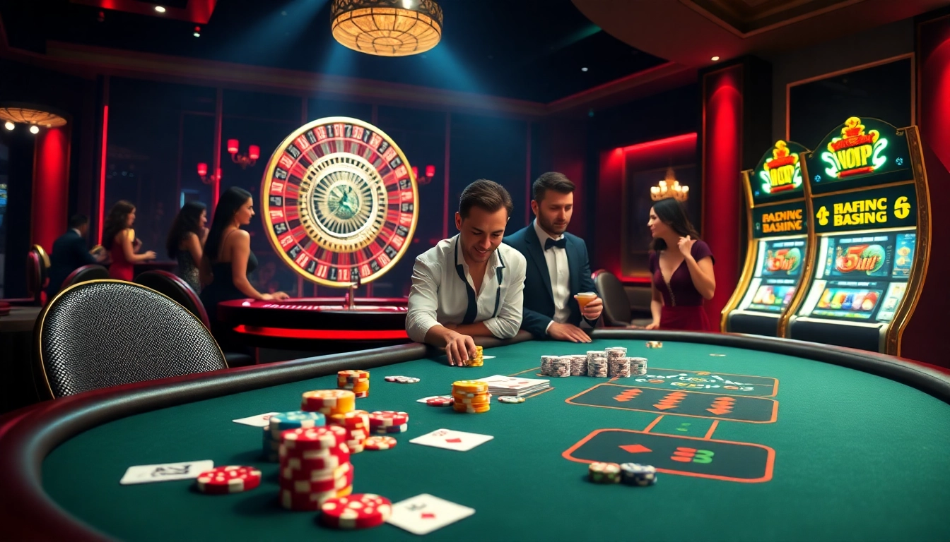 NEO79 casino scene showcasing dynamic gameplay with poker chips and a roulette wheel.