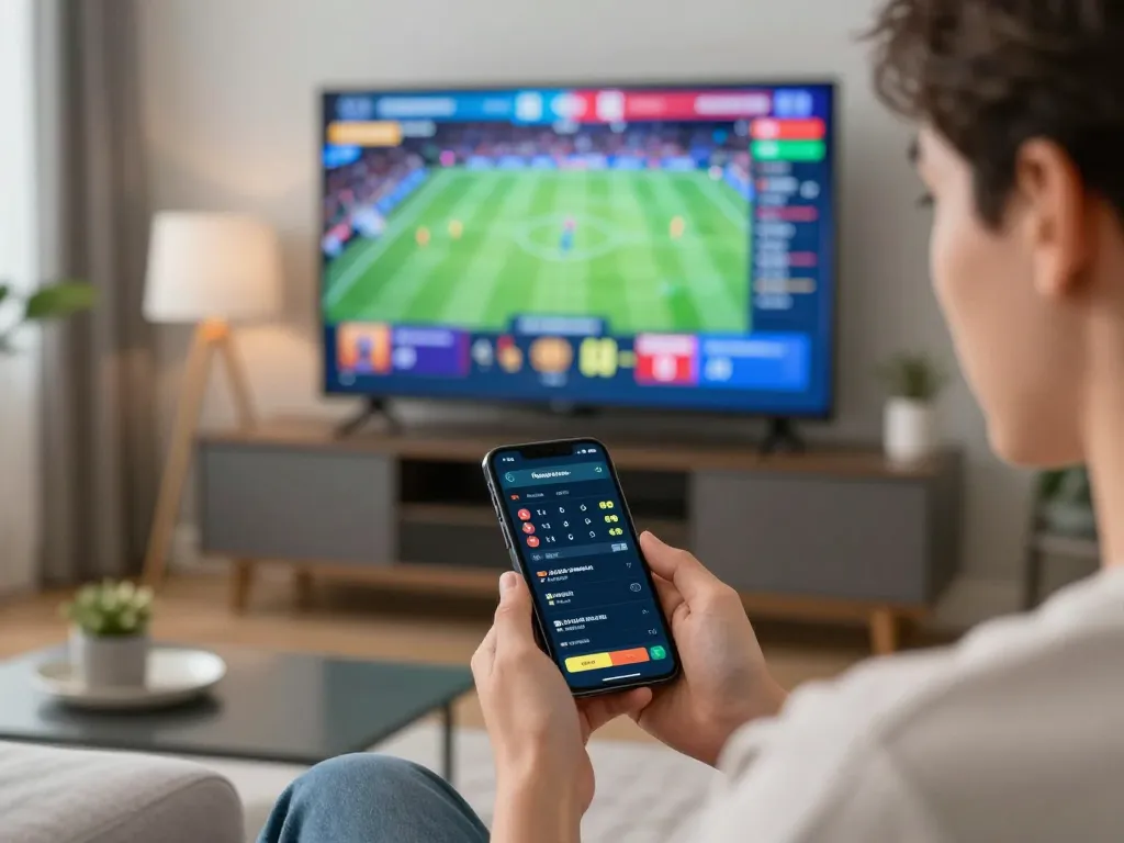 Engaging in sports betting with the Liên minh okwin app on a smartphone in a modern home setting.