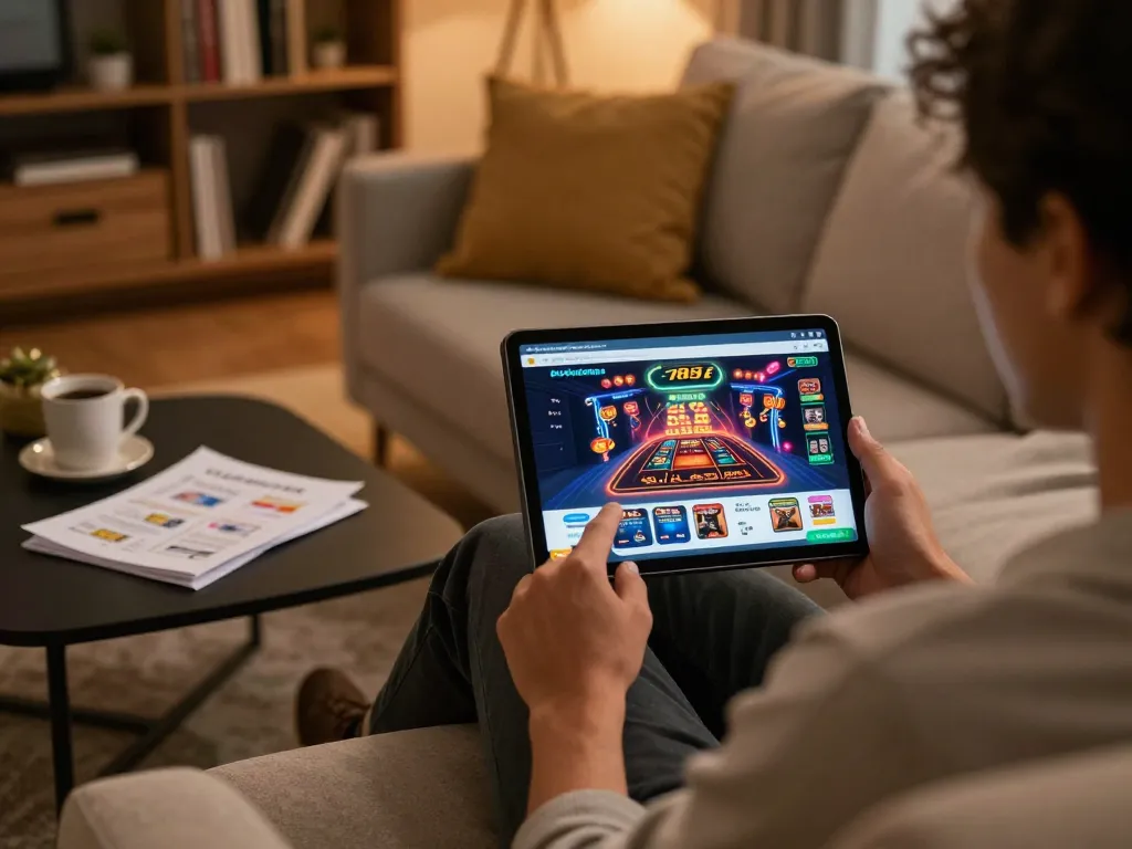 Engaging user playing online with the 789f app on a tablet in a comfortable home setting.