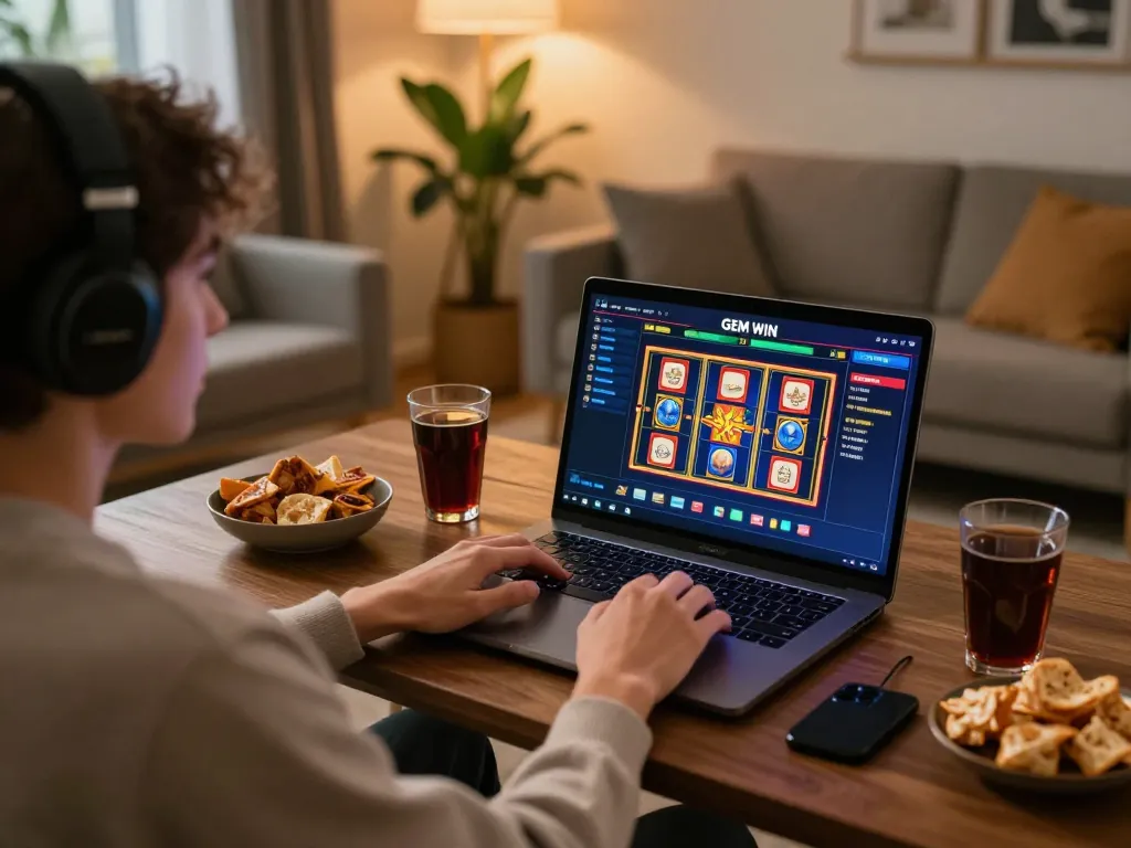 Player engaging with the GEM WIN platform on a laptop in a cozy home setting, highlighting online gaming excitement