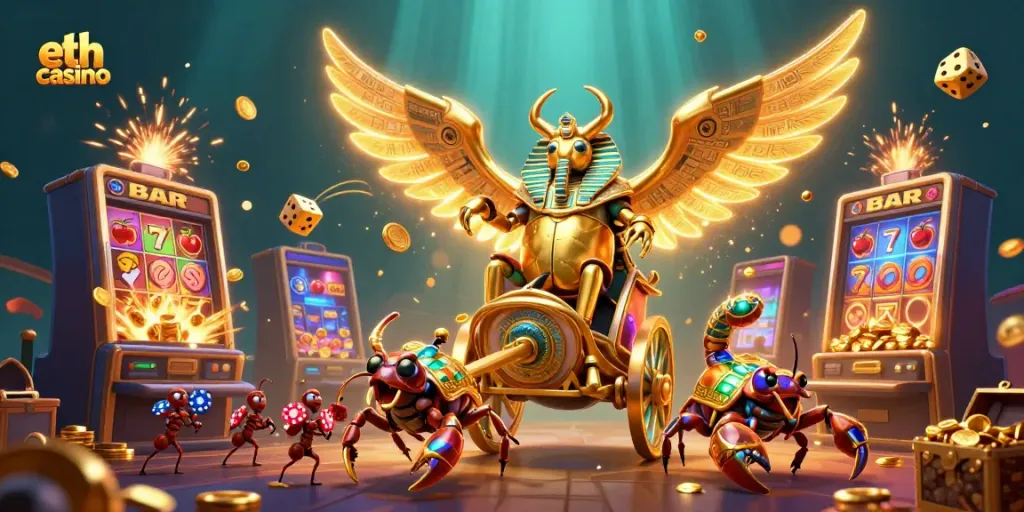 Experience the excitement of eth casino with a vibrant 3D illustration featuring a golden scarab and slot machines.